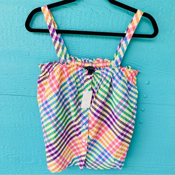 J. Crew RAINBOW GINGHAM Cottagecore Smocked Button Front Tank Top - Picture 2 of 7